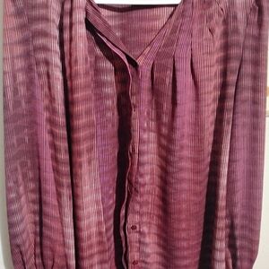 Worthington Blouse Womens Large Red & Black Stripe Button Up Tie at Neck L